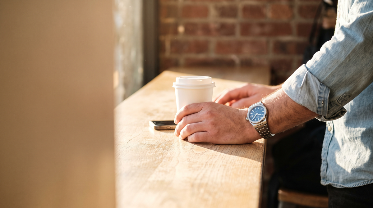 Une main tient un café sur un comptoir en bois ; au poignet, une montre à cadran bleu et bracelet acier